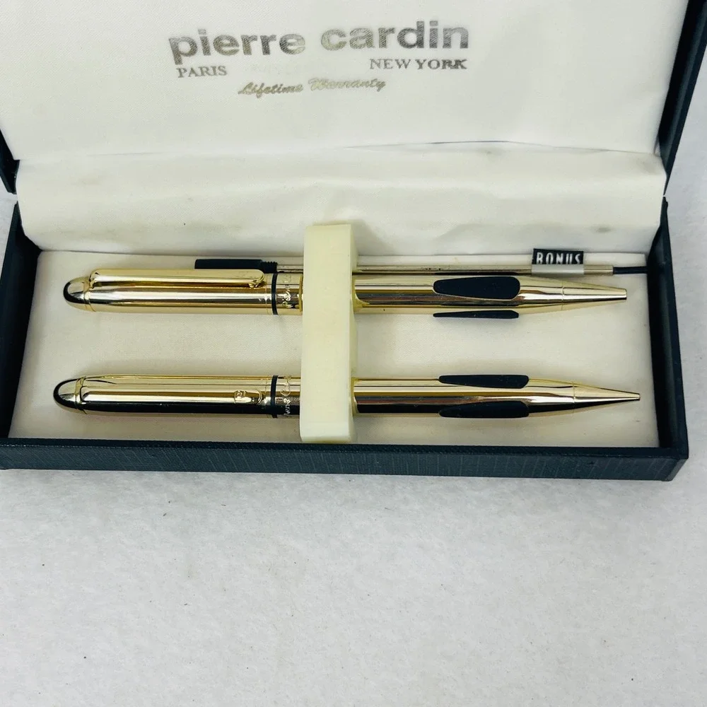 Pierre Cardin Paris New York Gold Tone Pen and Pencil Set with Case and Refill